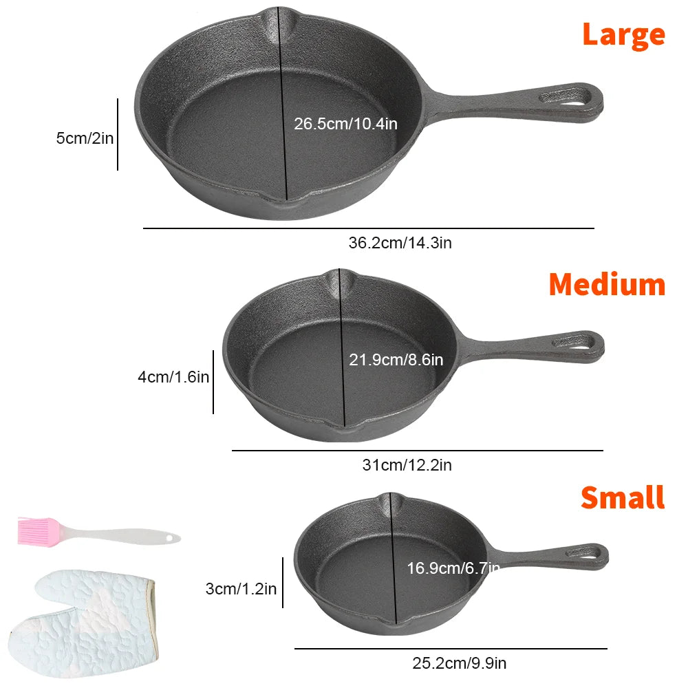 Cast Iron Frying Pan Set – 3 Pieces, Natural Non-Stick & Long-Lasting Quality