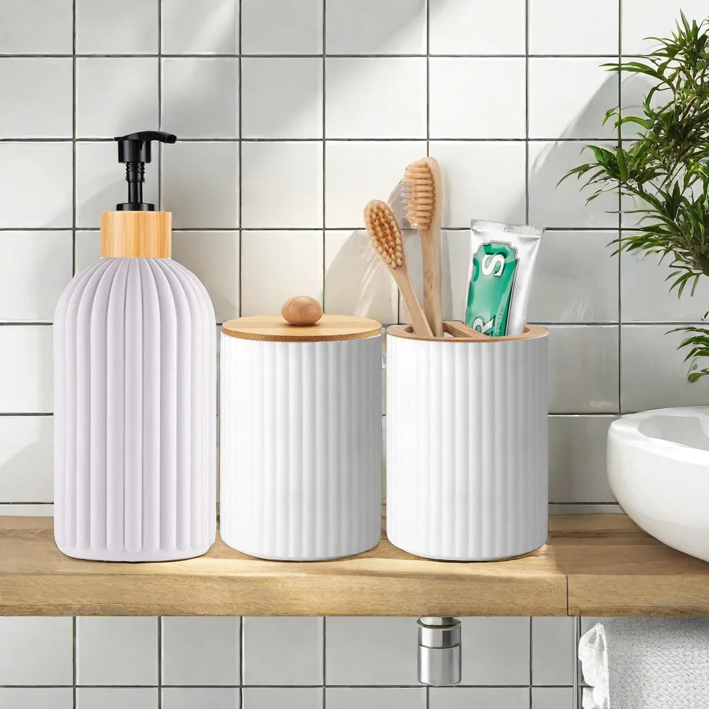 SET!! Liquid soap dispenser, cotton swab holder, toothbrush holder