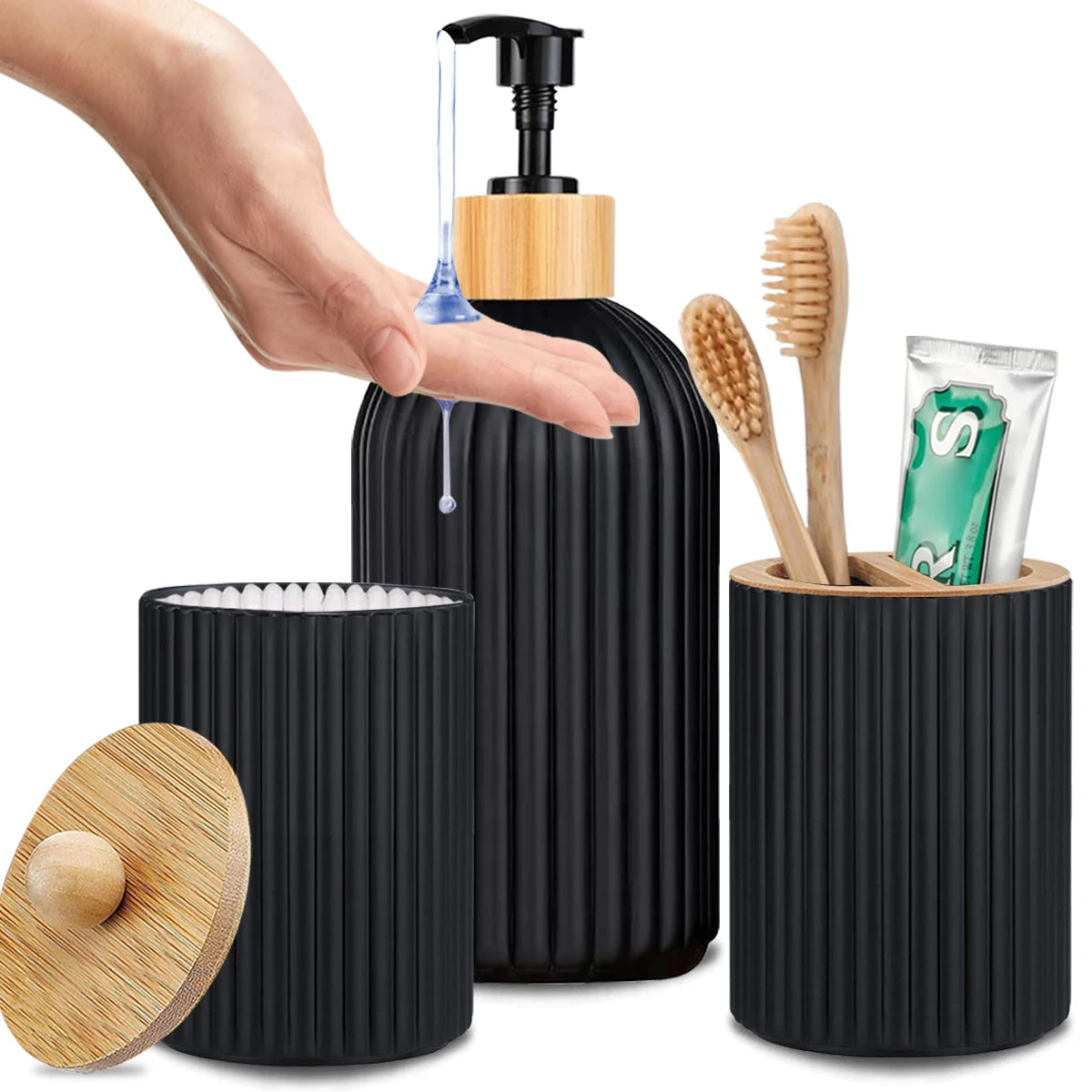 SET!! Liquid soap dispenser, cotton swab holder, toothbrush holder